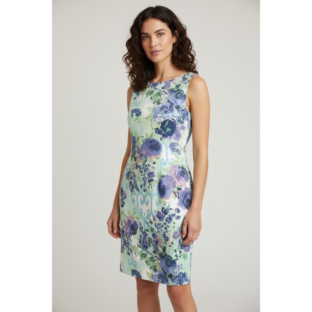 Connected Apparel Floral Damask Sheath Dress Blue Purple Green Size 10